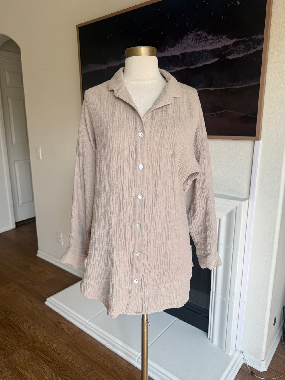 Soft Surroundings Taupe Gauze Button Up Shirt Coastal Quiet Luxury Sz M